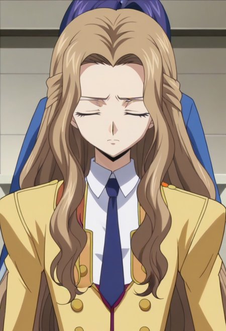 anime screencap, masterpiece, best quality, Code Geass anime art style, <lora:Nunnally_Lamperouge:1>Nunnally Lamperouge, 1girl, ashford academy school uniform, long hair, necktie, school uniform, closed eyes,