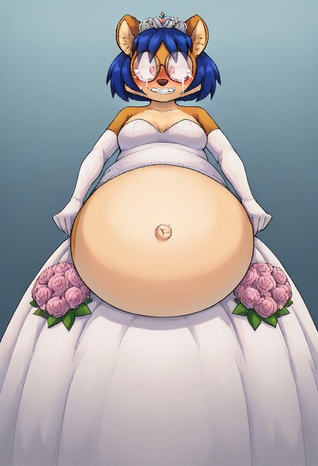 score_9, score_8_up, score_7_up, BREAK, 1girl, digital art, fbfng, anthro, fpx, blue hair, (belly:1.5), round glasses, huge beasts, looking at viewer, blush, seductive look, crying, bride, wedding dress, bridal veil, strapless dress, elbow gloves, holding bouquet