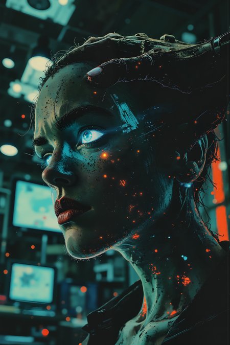 A hyper-realistic close-up of a man with glowing, blue circuitry running just beneath his pale, translucent skin. His head is shaved, and tiny wires extend from the base of his skull, connecting to sleek, chrome implants embedded in his neck. His eyes are a piercing electric blue, with faint, digital patterns reflecting in his irises. The background is an abstract, futuristic laboratory filled with soft, blurred lights and glowing screens, creating a cold, high-tech atmosphere. Realistic shading highlights the translucent quality of his skin, with the faint glow of circuitry visible beneath the surface. His lips are a subtle, pale blue, glossy and perfectly shaped, with realistic reflections that emphasize their softness. One hand rests on the side of his head, fingers tipped with small, metallic implants that gleam softly in the low light, adding to his cybernetic allure.<lora:aidmaMJ6.1-FLUX-V0.1:0.6><lora:Luminous_Shadowscape-000016><lora:Flux DetailerV2>