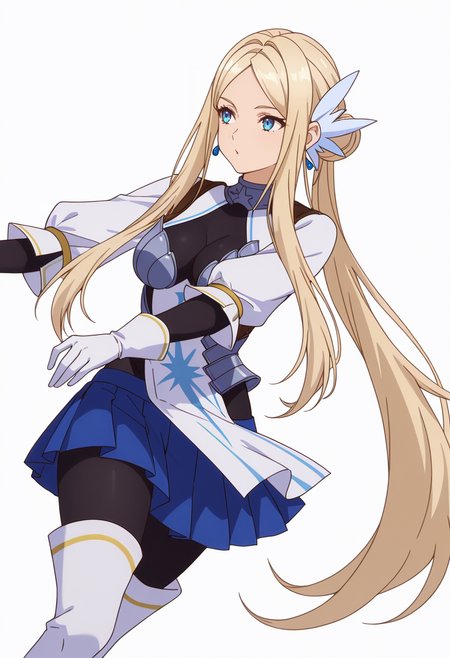 Smooth Quality,masterpiece,very intricate, high quality details, ultra realistic, high detailed skin,detailed enviorement,absurdres,
simple background, white background, dancing, solo,dutch angle,
 <lora:Krishna_CNR:0.8> krishna_cnr, 1girl,blonde hair,very long hair,single hair bun, sidelocks, parted bangs, blue eyes, breasts,white hair ornament, earrings,armor, breastplate, armored dress, blue skirt, pleated skirt,white gloves, black pantyhose,white thigh boots,, parted lips,, o3o,