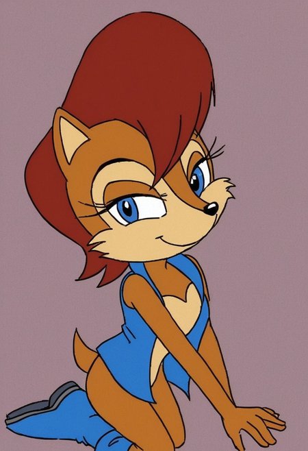Sally Acorn, sonic character, sonic style, anthro, furry, 1girl, female, solo,
red brown hair, brown fur, blue eyes,
blue vest, blue boots,
smiling,
kneeling, looking at viewer, bedroom eyes,
upper body view, upper body,