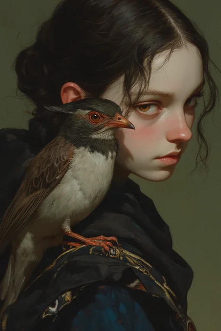 Hyper-realistic close-up portrait of a medieval young woman with jet-black hair that frames her pale face, wearing a traditional medieval dress with woven patterns along the edges. A small sparrow sits comfortably on her shoulder, its tiny eyes bright and alert. Her gaze is soft and thoughtful, drawing attention to the fine details of her features. The background blends gently into muted greens, suggesting the edge of a forest.