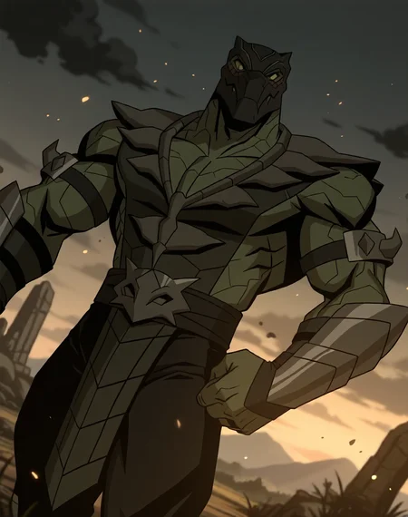 <lora:Reptile_(Mortal_Kombat_Legends_Scorpion's_Revenge)_(Illustrious)_(AD):1> Reptile_MK, muscular, Mortal Kombat, 
dutch angle, exterior, monumental architecture, wasteland, dark night sky with black clouds, mountains, ancient Asian stone ruins, 
male focus, gradient coloring, villain, cowboy shot, hyper muscular, 
BREAK very awe, aesthetically pleasing, masterpiece, best quality, amazing quality, very aesthetic, perfect depth of field shot, in'ei, source_furry, furry_art, 
Smooth Quality, lazympos, IllustQualXL_Pos,