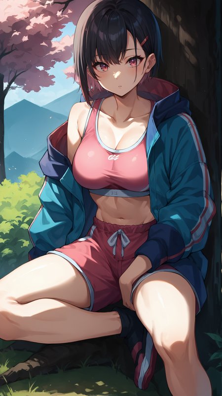score_9,score_8_up,score_7_up,score_6_up, source_anime, zPDXL, <lora:xl_more_art-full_v1:0.5>, girl, dynamic pose,  <lora:Mikazuki Shizuka - Pony-000003:0.7>, short hair, black hair, pink eyes, pink sports bra, pink shorts, colorful blue jacket, oversized jacket, hairclip, bangs, sitting under a tree, tree shade, japanese landscape, open fields in the background,