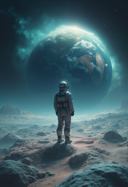 A surreal, hyper-realistic scene of a lone figure standing on the surface of a giant moon, looking at a massive, glowing earth in the distance. The figure is dressed in a futuristic, reflective spacesuit with intricate details, and their helmet visor reflects the light of distant stars. The moon's surface is textured with craters and dust, illuminated by the soft glow of the earth. The earth appears larger-than-life, with vivid colors and visible atmospheric details. The background is a vast, star-filled galaxy, with nebulae adding splashes of color. The atmosphere is otherworldly and awe-inspiring, capturing the loneliness and grandeur of space exploration.     <lora:FluxDFaeTasticDetails:0.8>