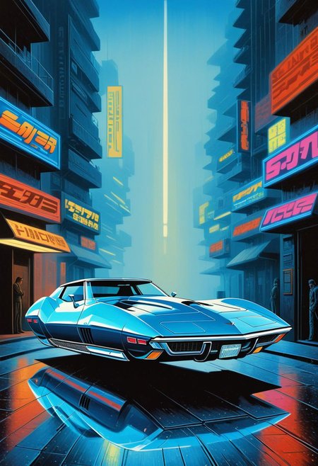 Chevrolet stingray 70s, nowheels, scifi, blade runner, masterpiece, oil painting, by hiroshi nagai