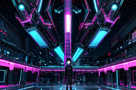 highly insanely detailed, masterpiece, top quality, best quality, highres, 4k, 8k, RAW photo, (very aesthetic, beautiful and aesthetic),  
tsutomu nihei,nihei_tsutomu,blame!,blame gakuen!,abara,TNstyle,sidonia_no_kishi,star \(sky\),starry sky,drainpipe,light particles,machinery,bones,dark sky,black sky,wire,buildings,gauna,gauna mech,air conditioner,cables,tubes,industrial pipes,foggy,fog,mist,smoke,ventilation fan,ventilation shaft,lantern,concrete walls,metal walls,walkway,letterboxed,tentacles,fence,toha heavy industries,bridge,dome, 
<lora:blameLora_v10:0>, 
(1girl:1.3), 
solo focus, 
neon cyan background,neon pink background,neon purple background,(solid color background,colored digital glitch background,Abstract colored fractal background),âââ