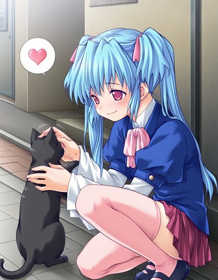masterpiece, best quality, amazing quality, very aesthetic, official art, absurdres, ultra detailed, game cg, 
1girl, solo, kondou_yuria(innyuu), twintails, blue hair, long hair, hair ribbon BREAK 
blue school uniform, puffy detached sleeves, pink bow, red skirt, pink thighhighs, 
lovestruck, tender smile, blush, looking at cat, spoken heart, squatting, on one knee, Petting, sidewalk, motion lines, highly detailed <lora:kondou yuria v1.0-000018:1>