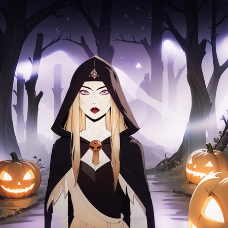 source_anime, source_game, score_9, score_7_up, 41L353iDK0N4, 1girl, blonde hair, long hair, sidelocks, pale skin, cheekbones, red lips, purple eyes, hooded_cloak, dress, pendant, necklace, headband, fog, dark, night, haze, scenery, forest, detailed,  detailed background, jack-o'-lantern, Halloween, green glow, orange glow,