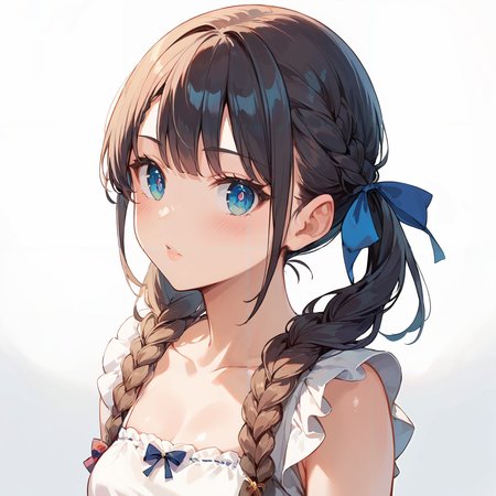 score_9, score_8_up, score_7_up,source_anime, high res image,masterpiece,best quality,girl,cute face,clear skin,shiny hair,ultra detailed eyes,simple background,     <lora:braid twintail_pony_V1.0:1> braid twintail, ribbon,long hair,