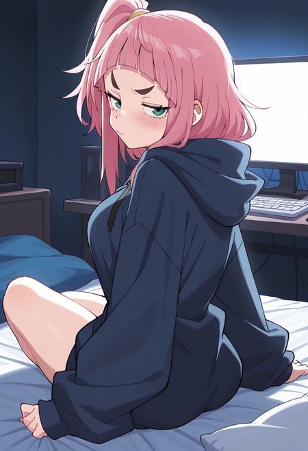 masterpiece,best quality,amazing quality,, score_9, score_8_up, score_7_up, soft lighting, dramatic lighting, (backlighting:1.3),  1girl, solo, kiui_watase, pink hair, blunt bangs, short hair, green eyes, thick eyebrows, side ponytail, dark blue hoodie, baggy clothes, bedroom, dark bedroom, sexy, looking back at viewer, seductive, embarrassed, pouting, (annoyed:0.9), computer, pc, medium breasts, on bed, bed,