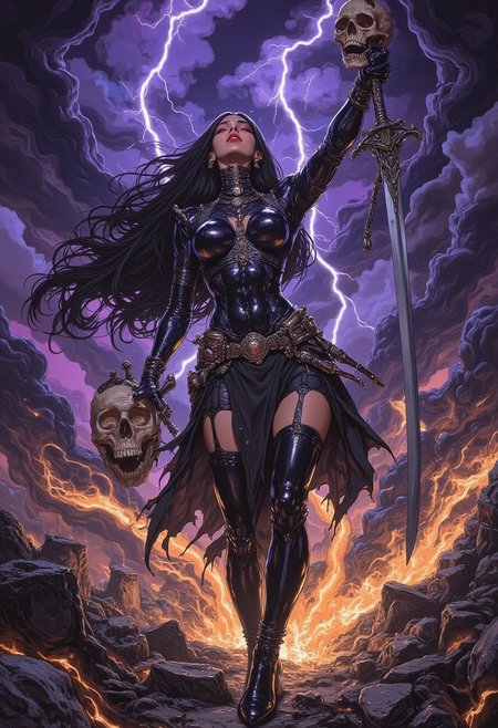 Kali stands in the midst of a cosmic battlefield, her posture bold and commanding. Her blue-black skin gleams in the firelight, and her fiery eyes scan the chaos around her. Her long, untamed black hair whips in the wind, adorned with skulls and bones. With one arm raised high, she holds a sword, the blade shimmering with an ethereal, deadly glow. Her other hands grip a trident and a severed head, symbols of her power to destroy. Her body is covered in sacred jewelry, and her crimson lips are twisted into a fierce, defiant grin. The dark sky is torn with lightning, and the ground beneath her feet cracks open, consumed by swirling shadows. Kali’s presence dominates the scene, embodying both terror and liberation. The background is a storm of cosmic energy, with flashes of gold and violet illuminating her every movement. pingtu style, illustration-fen, niji, gothic, erotic, anime