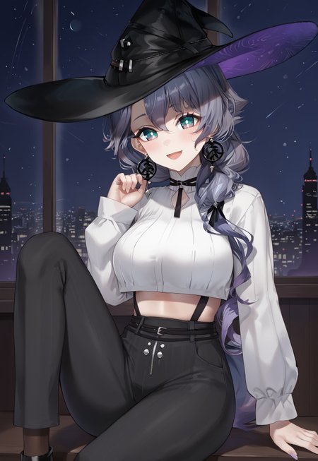 Michiru2nd, long hair, earrings, blue eyes, bangs, grey hair, witch hat, black headwear, purple hair, hair over shoulder,

large breasts, crop top, white shirt, long sleeves, sleeves past wrists, black pants, midriff, high-waist pants, black ribbon, white sleeves,

looking at viewer, light smile, open mouth, head tilt, blush, sitting, leg up, knee up, from side,
 
indoor, window, city, neon lights, dark, night, night sky, 

1girl, solo, solo focus, highres, absurdres, light particles, backlighting, shade, lens flare, shiny skin, fine fabric emphasis,