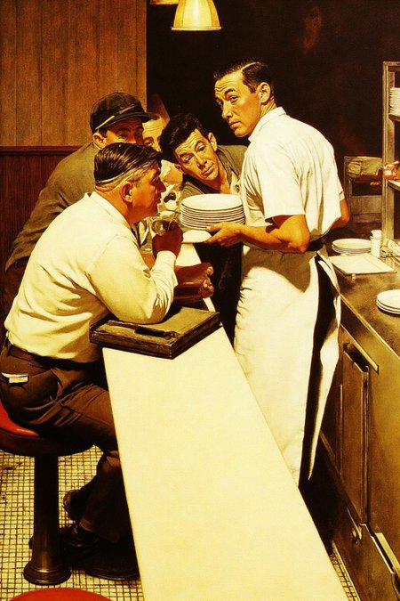 normanrockwell1 painting.
Overhead view of four men inside a diner.
On the left, three seated men are looking at the man standing behind the
counter on the right.
On the right a man is turning his head backward to look behind him.  He is
holding a stack of plates.
 <lora:normanrockwell1_cap_d6a3e12:1.0><lora:841444231701718941:0>