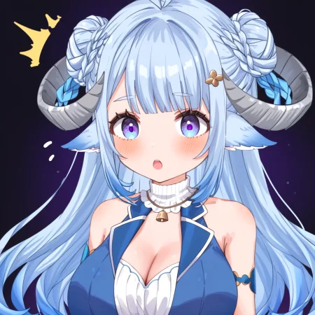 rating_questionable, 1girl, MinaiAruma, (open mouth:0.6), shock, wide-eyed, (trembling:0.8), blue long hair, grey horn, (double bun:0.7), waistcoat, (cleavage:0.8), (chibi:0.4), sleeveless, looking at viewer BREAK
dark background, simple background, 
<lora:MinaiArumaXL_autismmixPony:1>, bust, masterpiece, newest, absurdres, rating_safe, sfw