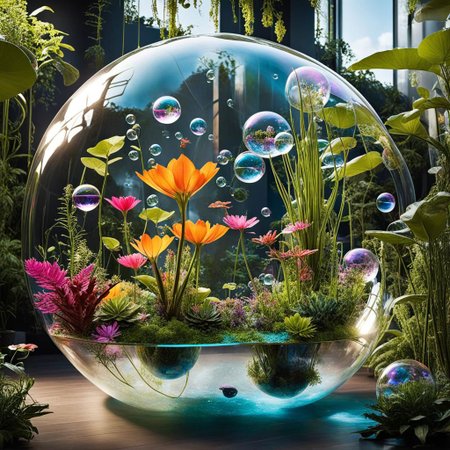Imagine a floating garden in space, 
where exotic plants grow in giant transparent bubbles. Each bubble contains a unique ecosystem, 
with magical creatures and vibrant colors. Explore the idea of a surreal intergalactic garden that defies the laws of physics