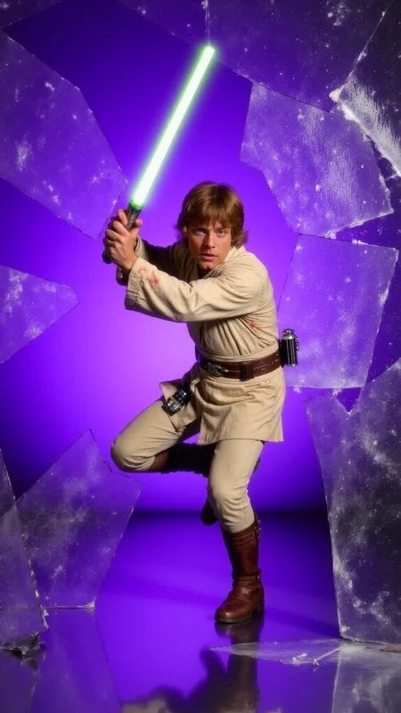<lora:Luke_Skywalker_-_Young:0.9> <lora:JEDIOTFIT_FLUX:1> A dynamic, high-energy scene captures Luke Skywalker training with a (green lightsaber) mid-action as he bursts through a shattered glass surface, shards flying in all directions. The background is a solid, vivid purple, creating a stark, intense contrast with the sharp, reflective fragments of glass. He wears a jediotfit slightly torn and bloodied from the impact. His body is marked with small cuts from the glass, droplets of blood glistening under the light. His expression is one of pure fury, his eyes locked onto the viewer as if they are the target of her rage. His pose is explosive, one leg extended forward as if heâs leaping through the air, his arms raised defensively or ready to strike. The glass shards around him are frozen in mid-air, their jagged edges catching the light and creating a chaotic, almost surreal effect. The purple background amplifies the intensity of the moment, evoking a sense of danger and raw emotion. The atmosphere is charged with adrenaline, the aftermath of his violent breakthrough palpable in every detail. The image feels as if itâs happening directly in front of the viewer, Luke Skywalkerâs momentum and the flying glass creating a sense of immediacy and immersion. Itâs a moment of chaos and power, a snapshot of rage and determination frozen in time. The combination of the purple backdrop, the sharp glass, and Luke Skywalkerâs fierce expression makes for a visually striking and emotionally charged composition. He goes forward, driven by duty and the promise of glory.