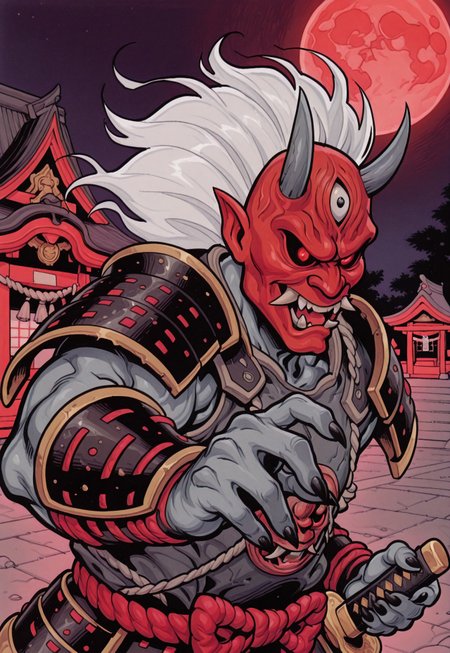 Kazan Yamaoka (The Oni), oni, demon, humanoid, red mask, long white hair, grey body, Three Eyes, black nails, sharp nails, armor, night, red moon, holding katana, japanese armor, shrine, fighting stance, upper body, 
extremely detailed, detailed, highres, masterpiece, best quality, solo, fleetway-elson,