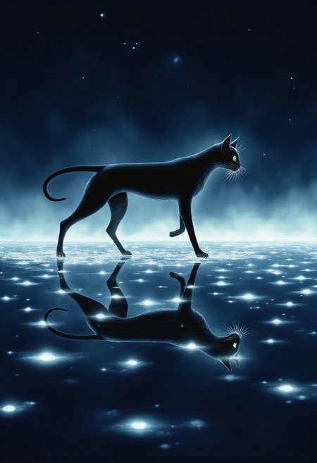 tudio Ghibli Dark Fairytale, illustration of a sleek, mysterious mecha cat walking gracefully across a shallow, endless expanse of star-lit water. The surface is perfectly still—no ripples—mirroring the cat’s silhouette with surreal clarity. Glowing, melting stars drift across the scene, their reflections blending into the water like spilled light. Rendered in a flat, graphic 2D style, the cat's form is elegant and fluid, with striking, minimalist contours and sharp-edged highlights. The color palette features deep midnight blues, inky blacks, and ethereal whites, with softly glowing starbursts adding magical contrast. The composition is quiet and poetic, evoking a sense of solitude and cosmic mystery. Lighting is minimal, emphasizing shapes, reflections, and soft luminescence—editorial dreamscape meets minimalist surrealism.