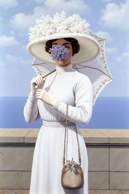 renemag1 painting.
A woman standing outdoors on a stone balcony overlooking a serene, expansive blue sea under a clear, sky dotted with fluffy white clouds. The woman is dressed in a white, long-sleeved dress with a high collar and a cinched waist, typical of early 20th-century fashion. She wears a white wide-brimmed hat and is carrying a white parasol. There is a bouquet of lilac covering her face. <lora:renemag1_cap_d6a3:1.0><lora:829574329369978329:0>