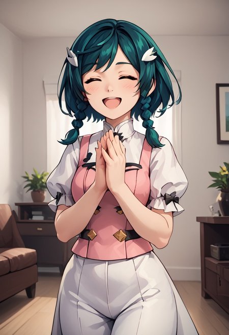 score_4,score_5,score_6,score_7_up,score_8_up,score_9
((masterpiece,best quality,ultra detailed,highres,HD,4k:1.2)),
1 cute girl,
upper body,1girl, solo, medium hair, dark green hair, braids, two braids, yellow eyes,  pink top, ribbon on clothes,white pants skirt, pantyhose, black footwear, boots, white shirt, short sleeves, puffy sleeves, hair ornament,
room, living room, open mouth,closed eyes, blush, happy, smile, put your hands together,zzCitronCAT,abstract background,white outline,