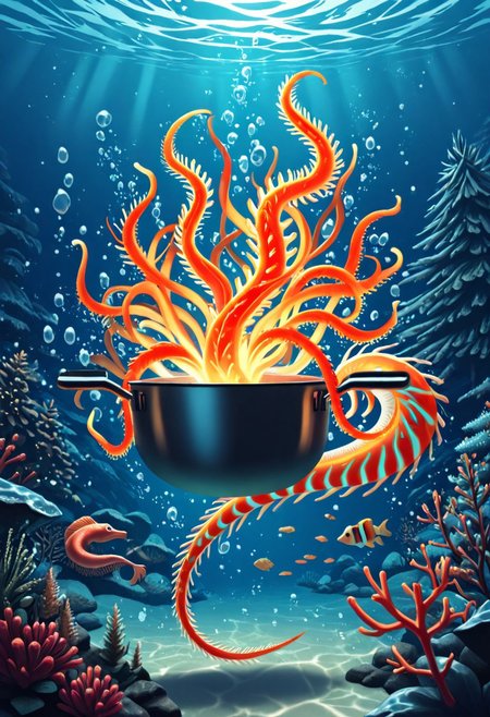masterpiece, best quality, high quality, good quality, Seahorses, christmas animals, cooking, underwater, glowing corals, festive ambiance, bioluminescence, holiday theme, detailed, d2j3m0x