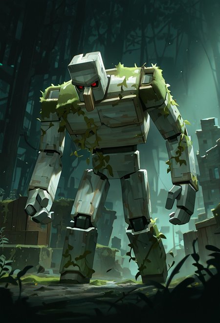 masterpiece, best quality, amazing quality, very aesthetic, absurdres, newest, cinematic, movie scene, foreground blur, volumetric lighting,  
ironglem, no humans, red eyes, black sclera, red pupils,  standing, solo, robot, big nose, long nose, no mouth, plant, grey metal body, vines, mecha, moss, ,  thick gray monobrow, 
attacking, dynamic pose, dynamic angle, destroyed village, wooden village, outdoors, daytime,