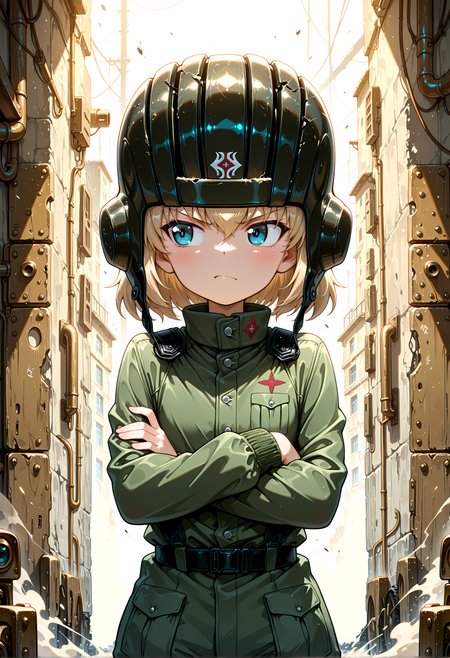 katyusha_(girls und panzer), girls_und_panzer, military uniform, tank helmet, crossed arms, annoyed, look away,  