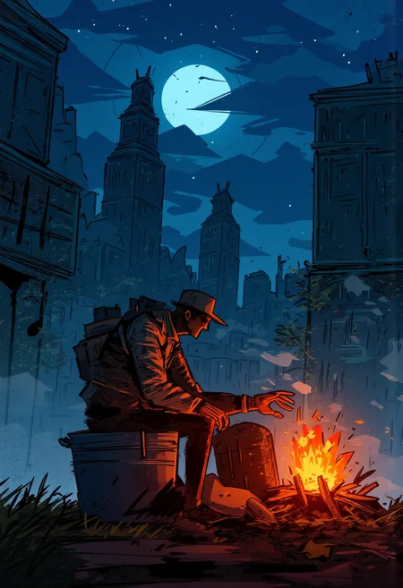 A homeless man warms his hand on the fire in a garbage can in the streets of New York City, midnight hour, full moon, colorful scenery, romantic, starry sky, vibrant glow, By Alex Vede, illustration