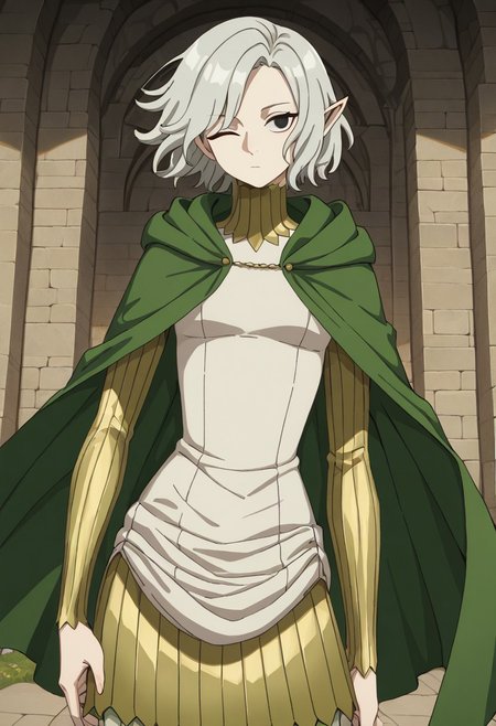 masterpiece, best quality, newest, absurdres, highres, 
DMStyle-DmpackV1.0, official style,
DMPACK-1-Mithrun, elf, pointy ears, silver hair, one eye closed, black eyes,
cape, green cape,