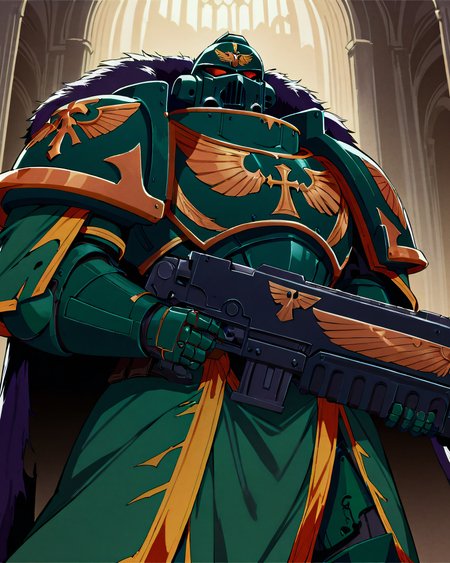Anime Illustration, full body, Space Marine, dark angels legion, portrait, standing. He is holding, aiming,  a bltgun bolter weapon. He is wearing a helmet, intricate dark green armor, gold trimmings, cross detailing, tabard, torn cape, gauntlets, black fur, plate armor, full armor, panoply, gothic architecture,  background, extremely detailed, absurdres, masterpiece, cel shading
<lora:Astartes:0.8>  <lora:add-detail-xl:0.8>  <lora:Bolter_-_Warhammer_40000_SDXL:1>  <lora:Bad_Hands_lora:0.8>