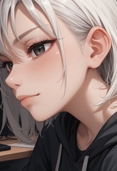 score_9, score_8_up, score_7_up, 26 years old,, zPDXL3, 1girl, solo, medium breasts, white hair,  (from side),
(face focus, close-up:1.6), eyeshadow, tattoo on arm, 
black eyes, medium hair, messy hair, dutch angle, chair, (white tanktop, black hoodie,  bare shoulders), denim shorts, pantyhose, indoors, computer desk, sitting behind desk, night, desk light,  relaxed, bedroom, (smug:0.8), blush, looking at viewer,