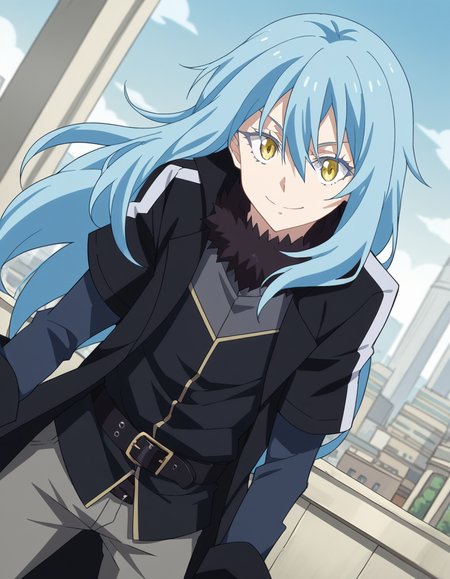 score_9, score_8_up, score_7_up, source_anime, <lora:rimuru-tempest-s3-ponyxl-lora-nochekaiser:1>, rimuru tempest, long hair, hair between eyes, blue hair, yellow eyes, androgynous,, long sleeves, open clothes, belt, pants, coat, black pants, buckle, black belt, open coat, black coat, belt buckle, grey pants,, cityscape, bent over, smile, looking at viewer, solo,, cowboy shot, dutch angle