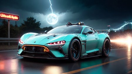 Hyperrealistic art a sci-fi future sportscar in random colors passing by,  (camera from front:1.3), light speed, neon, flash, motion trail, (stars and a future City in the background:1.3), motion blur, epic visual effects, interstellar, flow, detailed, scifi, star blast, dark vibrant colors, cosmic art, stars in background, cinematic scene, lens flare, god rays, glow,  glowneon, glowing, sparks, fullmoon night, stormy weather, lightning, ultra detailed , dramatic lighting, shallow depth of field detailed background, dark noir style, HDR, RAW, ray tracing reflections, sharp focus, ultra realistic
<lora:dreamcolor:0.3> <lora:style:0.3> <lora:EDG_-_Test_Lora:0.3> <lora:SDXLHighDetail_v5:1> <lora:LowRA:1> <lora:ste4mpunk:1> . Extremely high-resolution details, photographic, realism pushed to extreme, fine texture, incredibly lifelike
