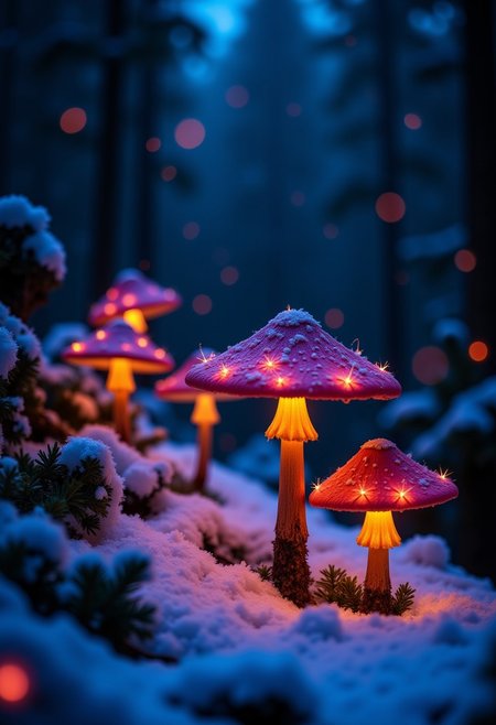 Glowing Christmas Aesthetic, Bioluminescent forest, symbiotic Christmas lights, glowing mushroom ornaments, phosphorescent snow, organic patterns, macro details