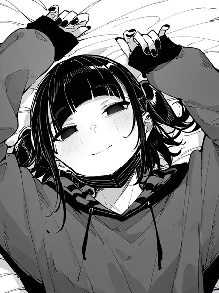 score_9, score_8_up, score_7_up,  
1girl,  monochrome,
black hair, blunt bangs, long hair, two side up, black eyes,
empty eyes,
smile, closed mouth, looking at viewer, lying, on back, on bed, arms up, black nails, hoodie,  black mask, mask pull, upper body,