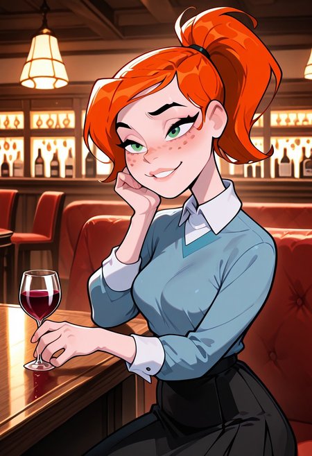 ((screencap, cartoon)) , masterpiece, best quality, amazing quality, very aesthetic, absurdres, newest,
ovgwen, green eyes, orange hair, 1girl,  freckles,, lips
ponytail, blue shirt, white collar, black skirt, long sleeves, white cuffs,
smile, teeth, fancy dinner,fancy restaurant.  blushing, drinking wine,
