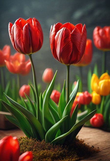 score_9, score_8_up, score_8, masterpiece, high detailed, very detailed,  HD, best quality, hyper detailed, ultra detailed, super realistic, close-up, macro 100mm, macro photography,
 cf_style, red tulips, red and greencolor theme, , , , , , , , , , , , , textured composition, , , , , soft lighting, red carbon tulips) Let it be a magical garden filled with exotic plants and bright buds. The background can be blurred to focus on the colors. 
dynamic angle, dynamic lighting,