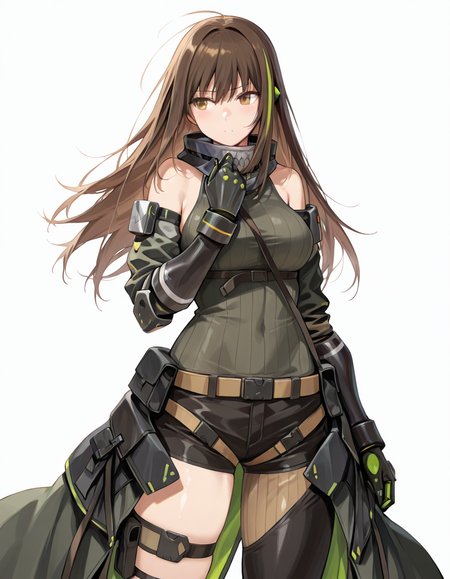 Volumetric Lighting, (masterpiece), (best quality), (ultra-detailed), masterpiece, source_anime, score_9, score_8_up, score_7_up BREAK, illustration, disheveled hair, detailed eyes, perfect composition, moist skin, intricate details BREAK, M4A1, long hair, black hair, streaked hair, green hair, golden eyes BREAK, M4mod3, M4mod3, mechanical hands, uneven legwear, mod3_sweater,black sweater, mod3_mechanical_legs, mod3_detached_sleeves, skull printed bandana, mod3_bandana, mechanical arms,asymmetrical legwear mod3_glove BREAK, ((white background)), standing, shadow