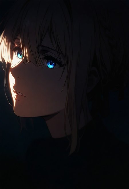 1girl, violet evergarden, solo, dark, light, the light illuminates part of the face, masterpiece, best quality, very aesthetic, close up,  parted lips