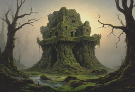 Under the pallid light of a gibbous moon, the ancient forest stood deathly silent, its gnarled trees twisted into grotesque shapes that seemed to writhe in the shadows. The air was thick with a cloying mist that carried the faintest scent of decay, a whisper of something long forgotten and best left undisturbed.
At the heart of this eldritch wilderness, a cyclopean ruin loomed, its basalt stones slick with an unnatural slime that glowed faintly with a sickly green hue. The structure defied comprehension, its non-Euclidean geometry warping the mind and inducing a vertiginous nausea in those who dared to look upon it too closely.
(elemental:1.3),( stone:1.7),tentacle