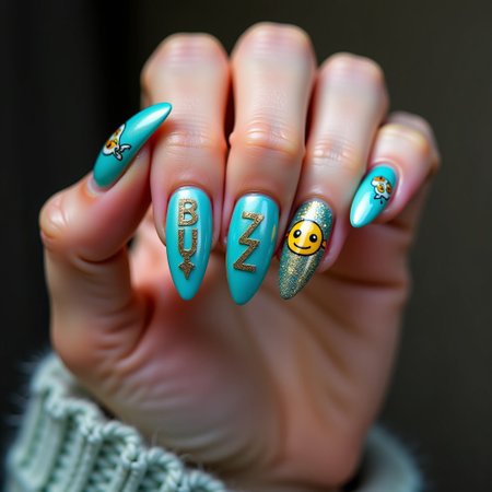 a beautiful hand of an latina, cyan medium length almond nails, gothic theme, single letters and  a bolt emoticon on the nails in golden glitter, intricate details, 5 fingers
The letters on the fingers spell "BUZZ"