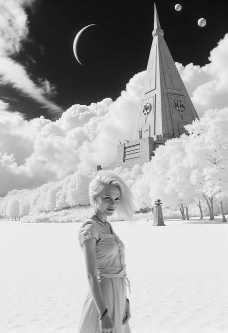 Frank Frazetta fantasy oil painting of an infrared photo of a beautiful young woman on an alien planet with a white sky,  upper body portrait of woman looking at viewer smiling, white forest background with a single black futuristic looking temple, huge pure black sun in the sky surrounded by several smaller moons. monochrome black and white