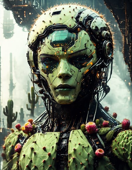 aidmaFLuxPro1.1, Prickly Pear Style, cyberpunk, ultra sharp, 32K, (low light), face focus, highly detailed photo of a (feminine:1.8) android made out of soft delicate cacti, integrated helmet, beautiful blooming pink cacti flowers as hair. (perfect symmetric) Integrated visor with yellow green strip for eyes. her beautifully delicate appearance is deceiving and very prickly. Dynamic highlights, raytracing, sharpen, futuristic spaceship hangar, (cacti skin), cactus