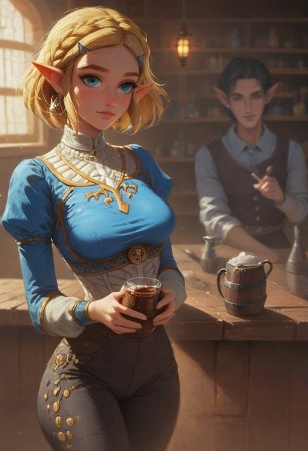 1dk, 30yo woman, 1girl,
blue shirt, black pants, hairclips, princess zelda, blonde hair, short hair,
medium breasts, 
on a medieval tavern, tavern, crowded,
(drinking ale,)
score_9, score_8_up, score_7_up, 8k,
very detailed, high detailed texture, depth of field, cinematic illumination, volumetric lighting, rating_questionable, dark,
