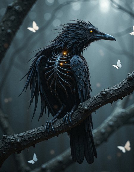 aidmaHyperrealism,
A spectral raven perches on a gnarled branch, its body seamlessly merging with twisting, skeletal branches that replace its ribcage, as if woven from the fabric of the forest itself. The bird’s eyes glow with an eerie luminescence, exuding an otherworldly presence, while delicate white butterflies flutter around its decayed form, illuminating the darkened atmosphere with their ghostly radiance. Its tattered feathers, elongated and flowing, appear like wisps of shadow unraveling into the cold mist, blending into the monochrome haze of the twilight forest. The background is blurred with drifting leaves and spectral silhouettes, enhancing the ethereal solitude of this haunting vision. The scene is enveloped in a soft, diffused light, with subtle glows emanating from the butterflies, casting a surreal contrast against the raven’s skeletal structure. Hyperrealistic rendering with intricate detailing in the feathers, branches, and soft atmospheric lighting, exuding a dark fantasy and gothic surrealism.
 <lora:aidmaHyperrealism-FLUX-v0.3:0.6>