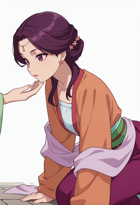 Smooth Quality,masterpiece,very intricate, high quality details, ultra realistic, high detailed skin,detailed enviorement,absurdres,
partially undressed, 
 <lora:Yinghua_CNR:0.8> yinghuacnr, purple hair,  purple eyes, yinghua_orange_cnr, hanfu, japanese clothes,long sleeves, sash, shawl,earrings,hair ornament, makeup, lipstick,, simple background, white background, from side,
kneeling, one hand on ground, reaching forward, focused, tense,  ,envy,