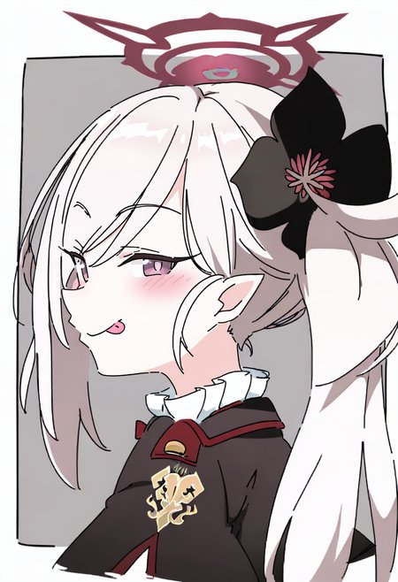 1girl, mutsuki \(blue archive\), halo, solo, hair ornament, side ponytail, purple eyes, looking at viewer, long hair, tongue out, tongue, pointy ears, flower, upper body, hair flower, white hair, blush, from side, black flower, smile, simple background, grey background, black jacket, two-tone background, jacket, scrunchie, border, bangs <lora:ixyXL_NBVP1_lokr_V6311PZ:0.95>