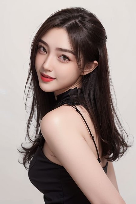 1girl,orange background, (extreamly detailed pupil, extreamly detailed eyes,(proportional eyes, same size eyes),perfect eyes looking, bright eyes,(detailed eyes), long eyelash, downing eyes), (looking at viewer),((proportion body)), (extreamly detailed face, extreamly detailed eyes, extreamly detailed nose, extreamly detailed lips), (red lips, {parted lips|smirk|smile, happy smile}), ((shiny skin)), ((jawline, strong jawline), ((dimple)), collar choker, Messy long hair, view from back
