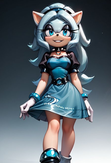 score_9, score_8_up, score_7_up, score_6_up, g0thicPXL, 1girl, 1girl, solo, goth girl, maria_robotnik, sonic_(series), hedgehog_girl, eyeliner, eyeshadow, blue eyes, long blond hair, hairband, black lips, seductive smile, pretty face, spiked collar, white_gloves, blue dress, puffy sleeves, medium skirt, shoes, blue foot wear, sexy pose, smile, grin, cute, sexy pose, lewd expression, wide hips, medium breasts, standing, biting one of her nails.